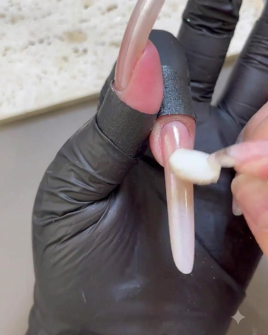 A close-up of a sponge applicator smoothing white chrome powder onto an extended nail.