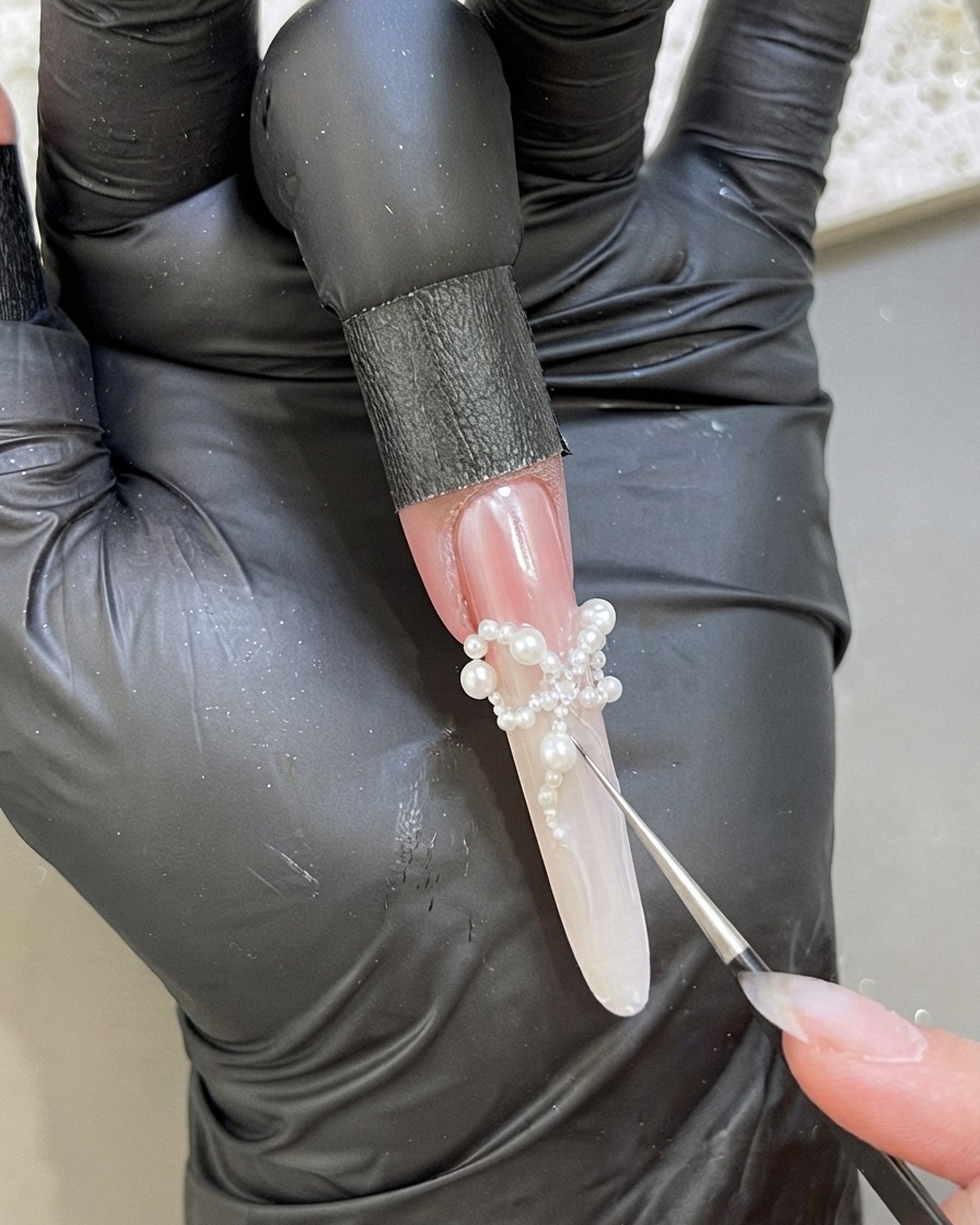 A gloved hand using fine tweezers to place small white pearls onto an extended nail to form a butterfly bow shape.
