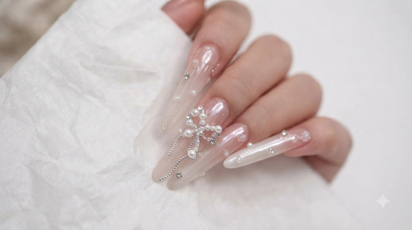 Moonlight Pearl & Diamond Ribbon Ethereal Gel Nails Tutorial