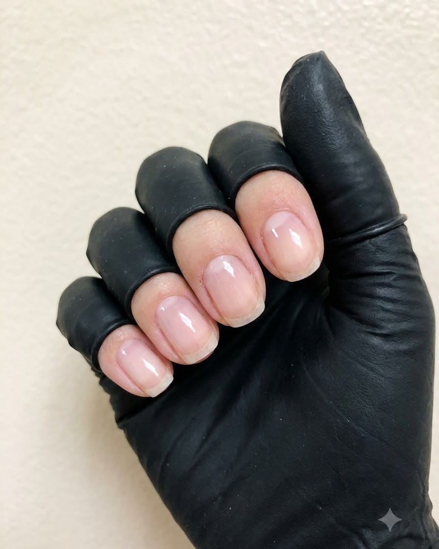 A flat gel brush applying a smooth, transparent layer of base coat onto a natural nail plate.