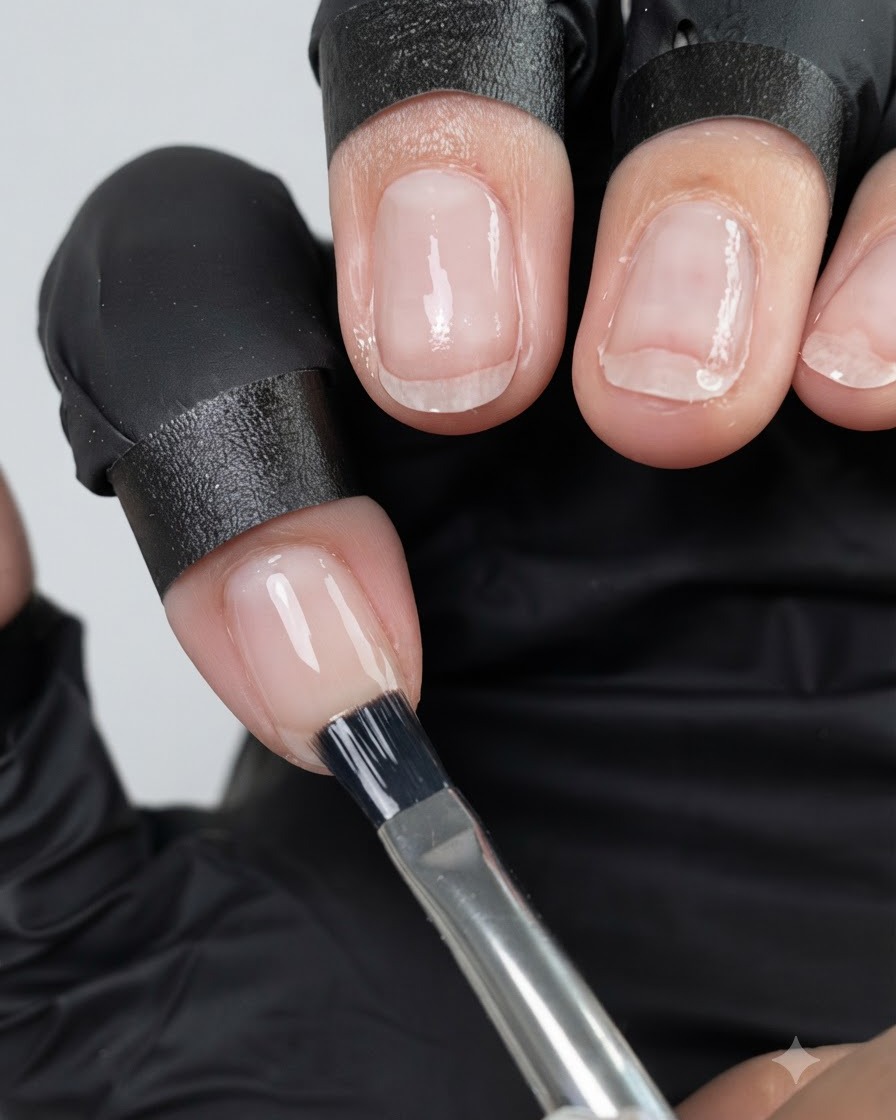 A brush applying a translucent nude gel polish evenly across the surface of a fingernail.