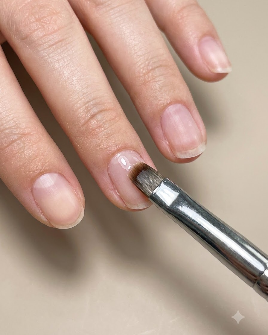 A cosmetic sponge tool dabbing color onto the edge of a nail to form an ombre gradient.