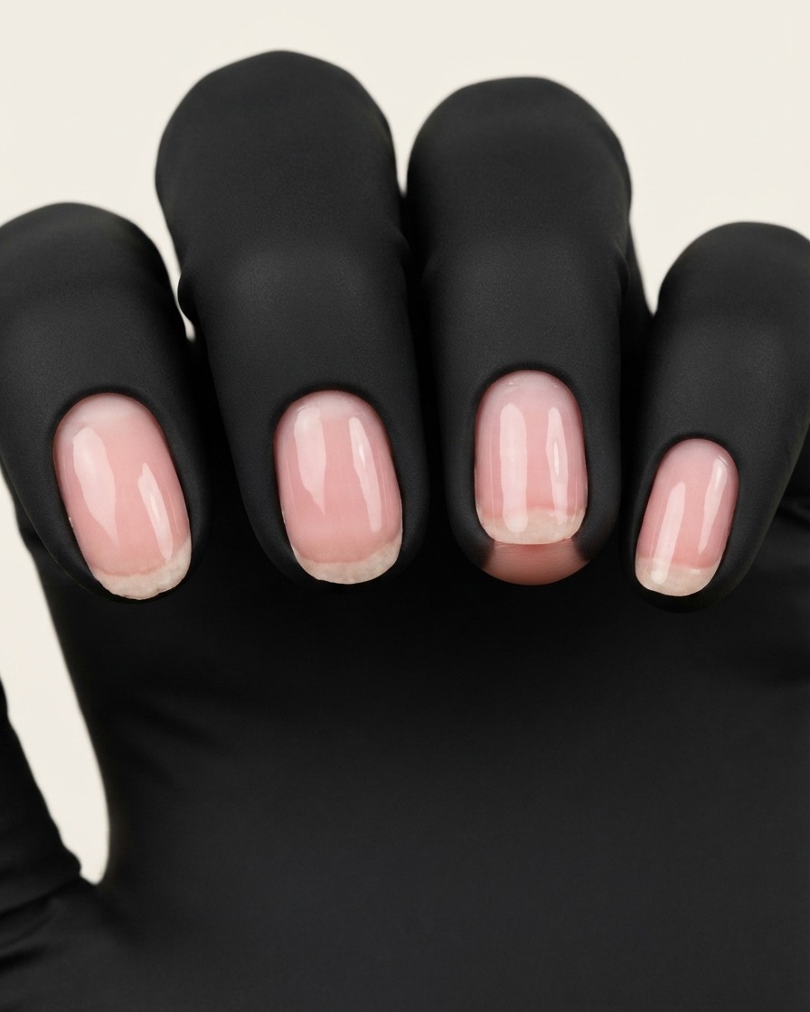 A nail file shaping the side edges and free edge of manicured nails wearing black protective finger covers.