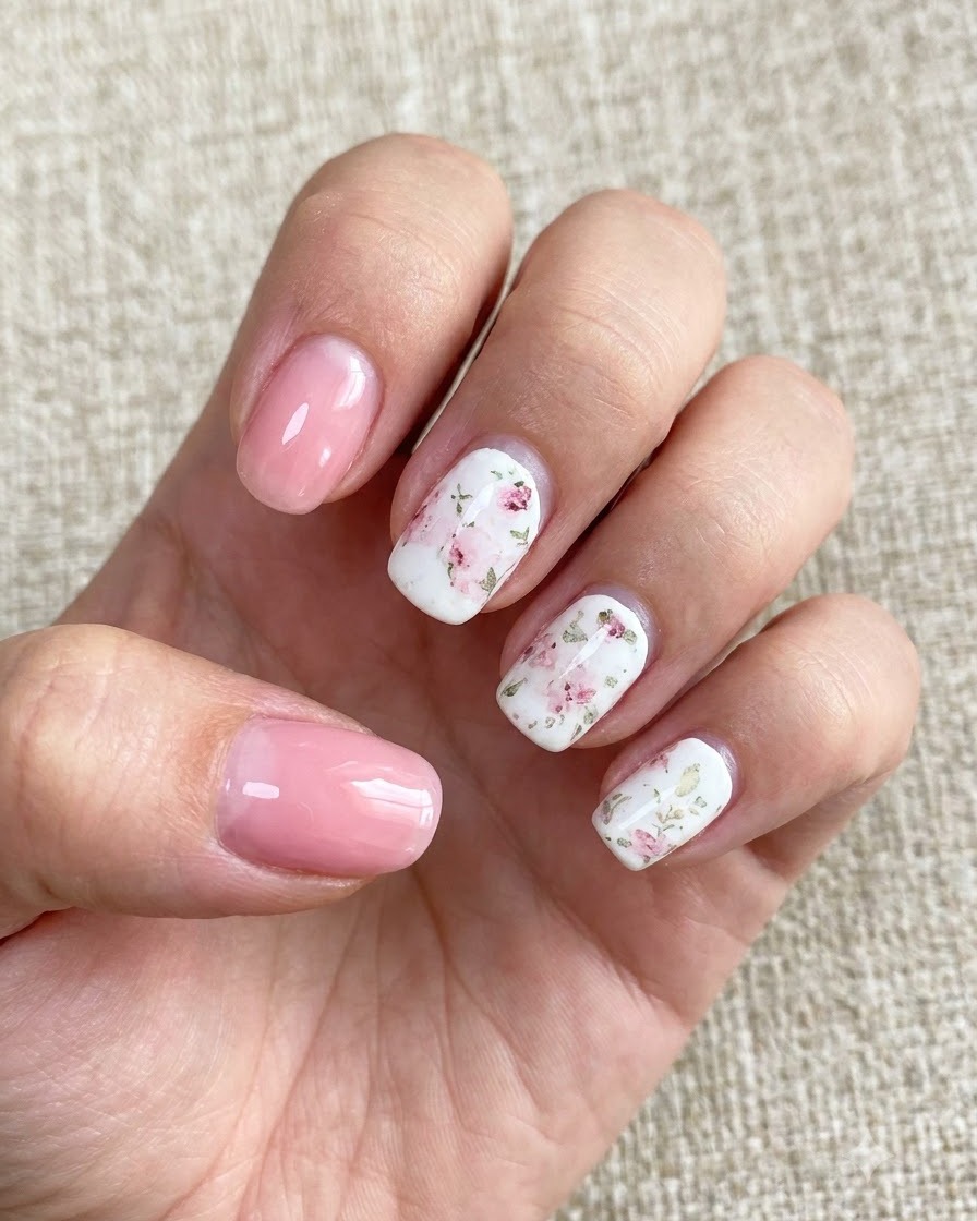 A hand holding a lint-free wipe cleaning the surface of polished nails.