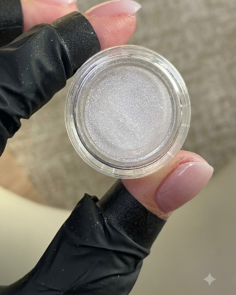 A gloved hand holding an open small pot of shimmering white powder with a manicured nail in view.