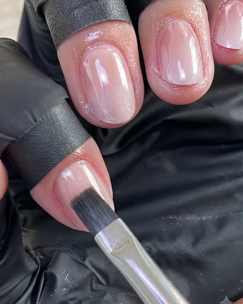 A nail brush carefully applying a clear layer of strengthening gel onto a manicured fingernail.