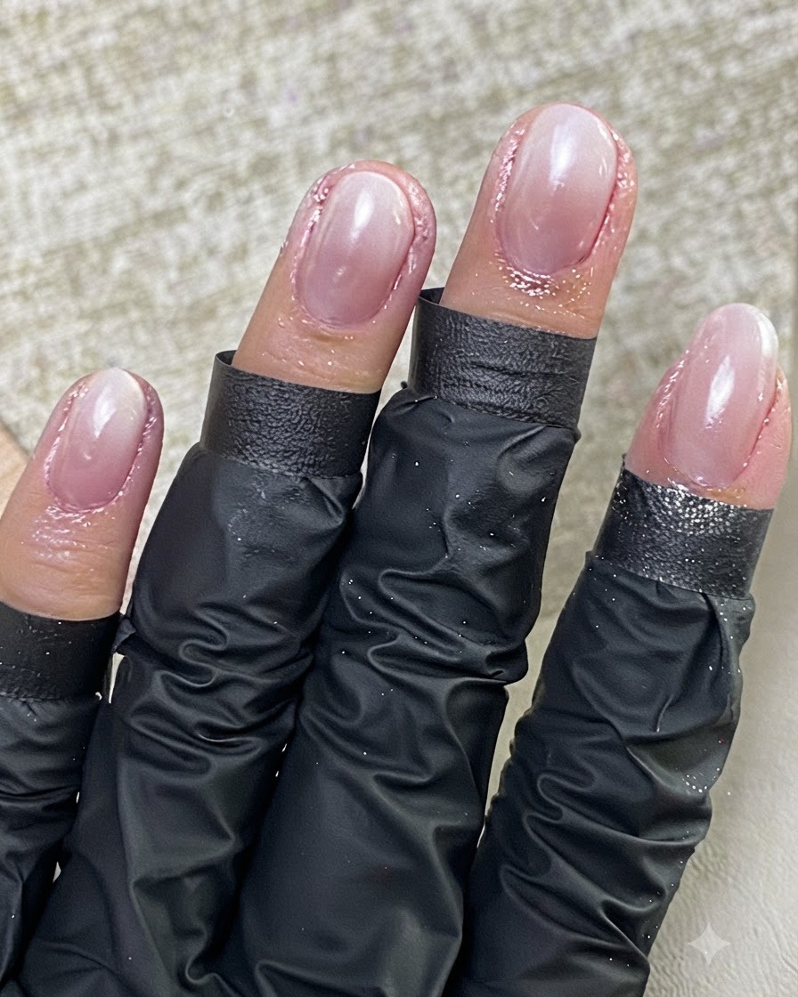 A nail brush applying a smooth, glossy top coat over a completed manicure.