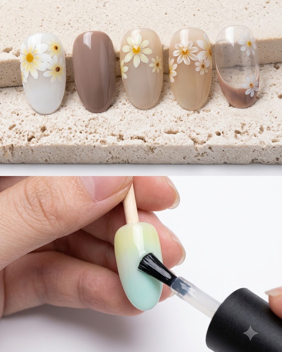 A brush applying milky white gel polish onto the surface of a nail tip.