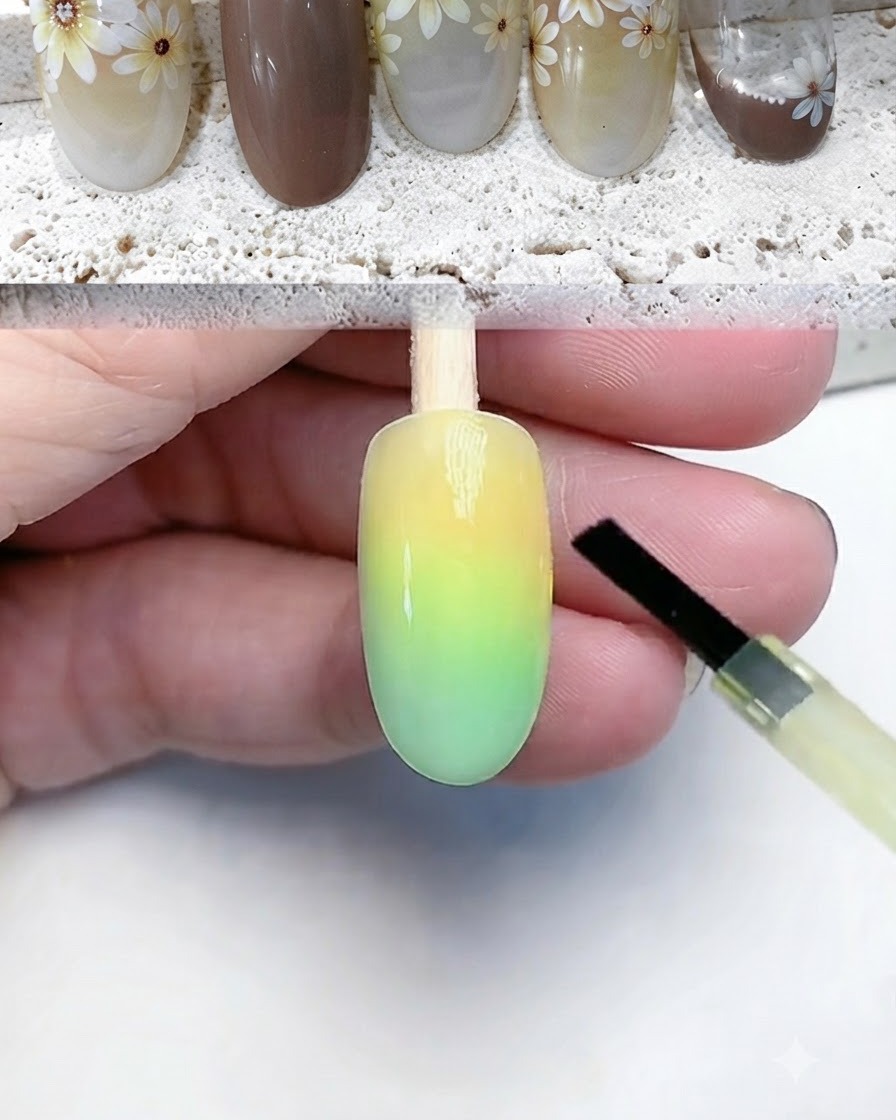 A nail tip being cured under a UV or LED nail lamp.