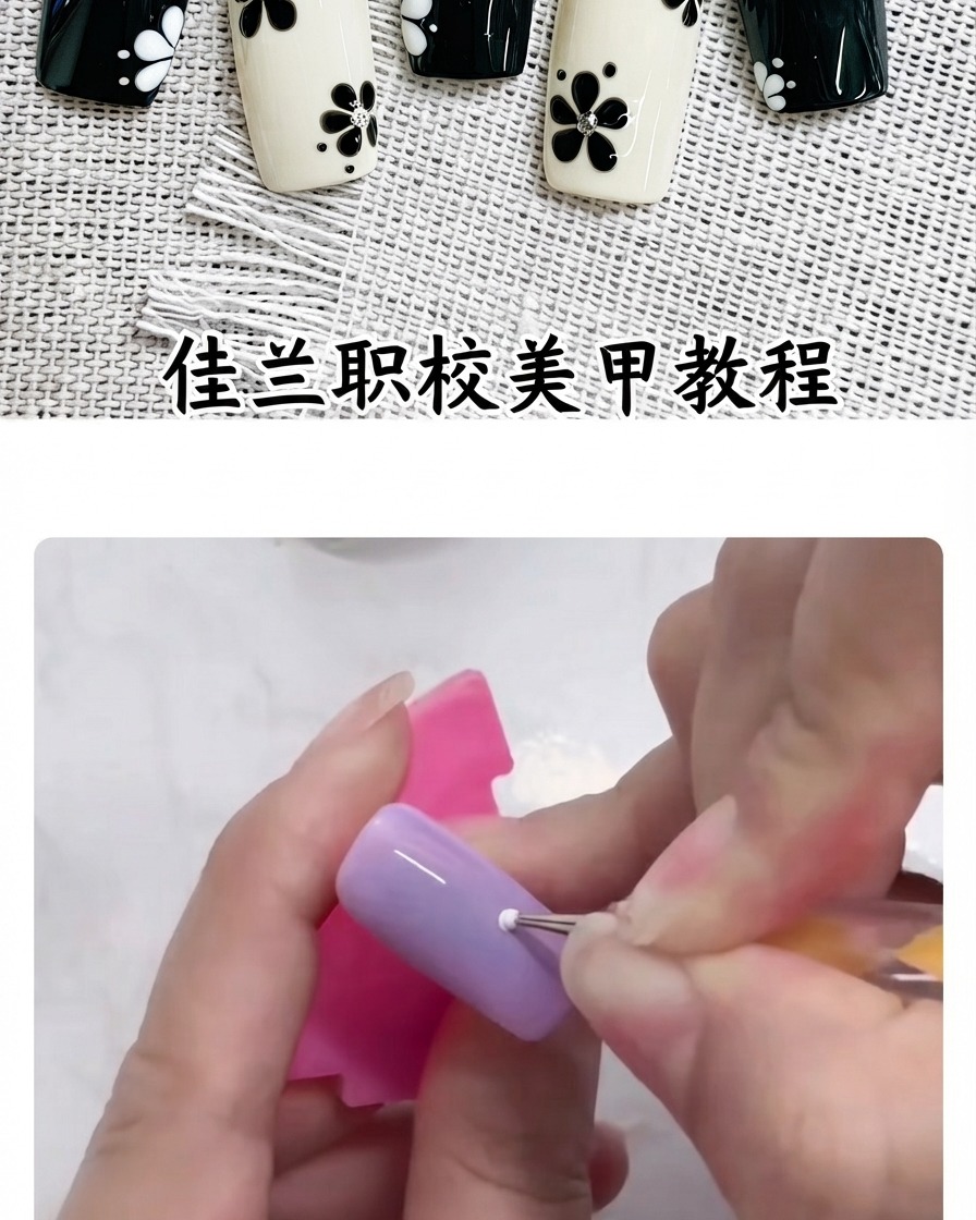 A dotting tool placing a single white dot onto a glossy purple nail surface.