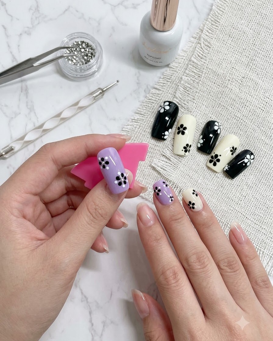 A hand holding a nail model showing three white dots arranged in a triangle on a purple nail.
