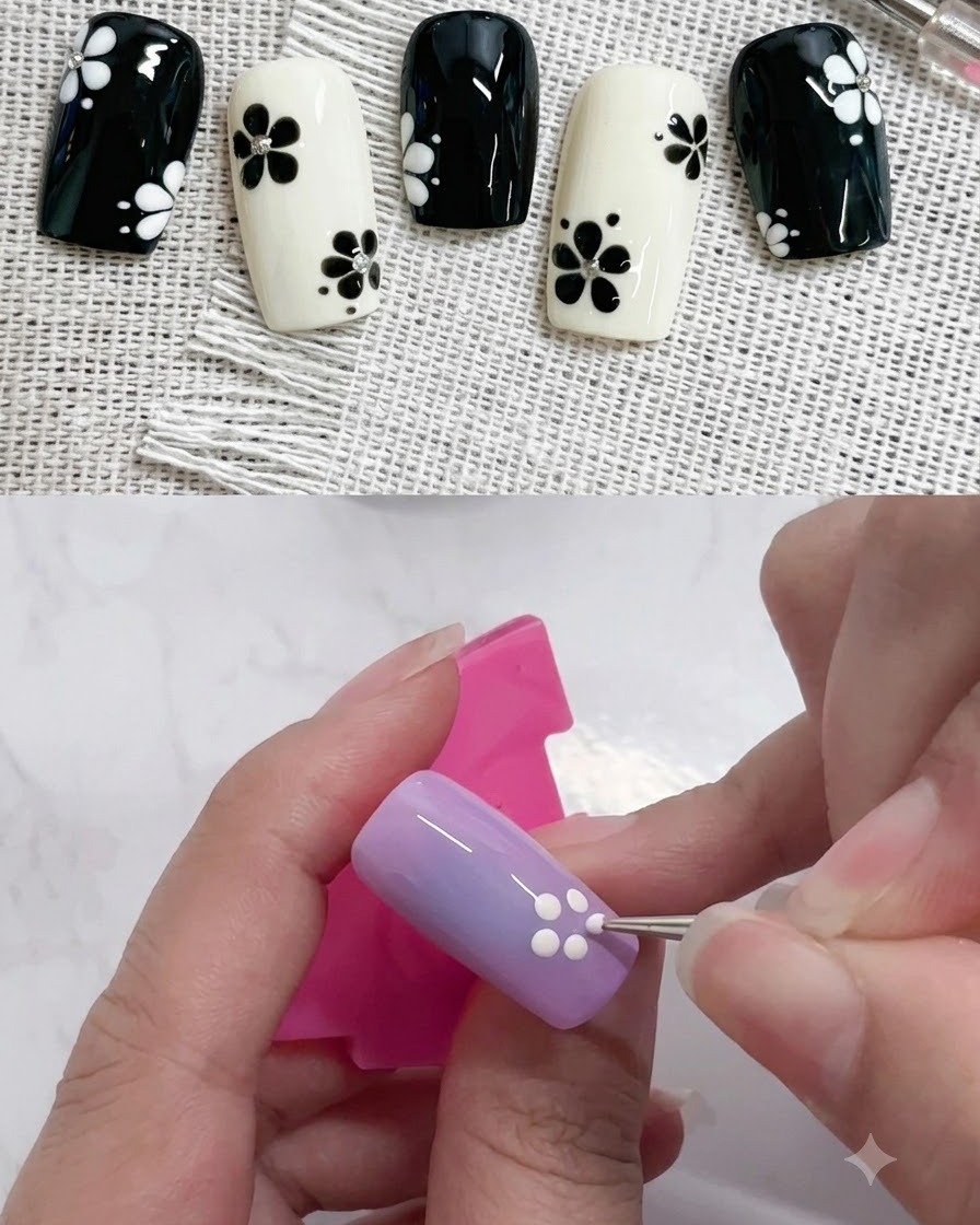 A liner brush pulling the white dots inward toward a central point on a purple nail.