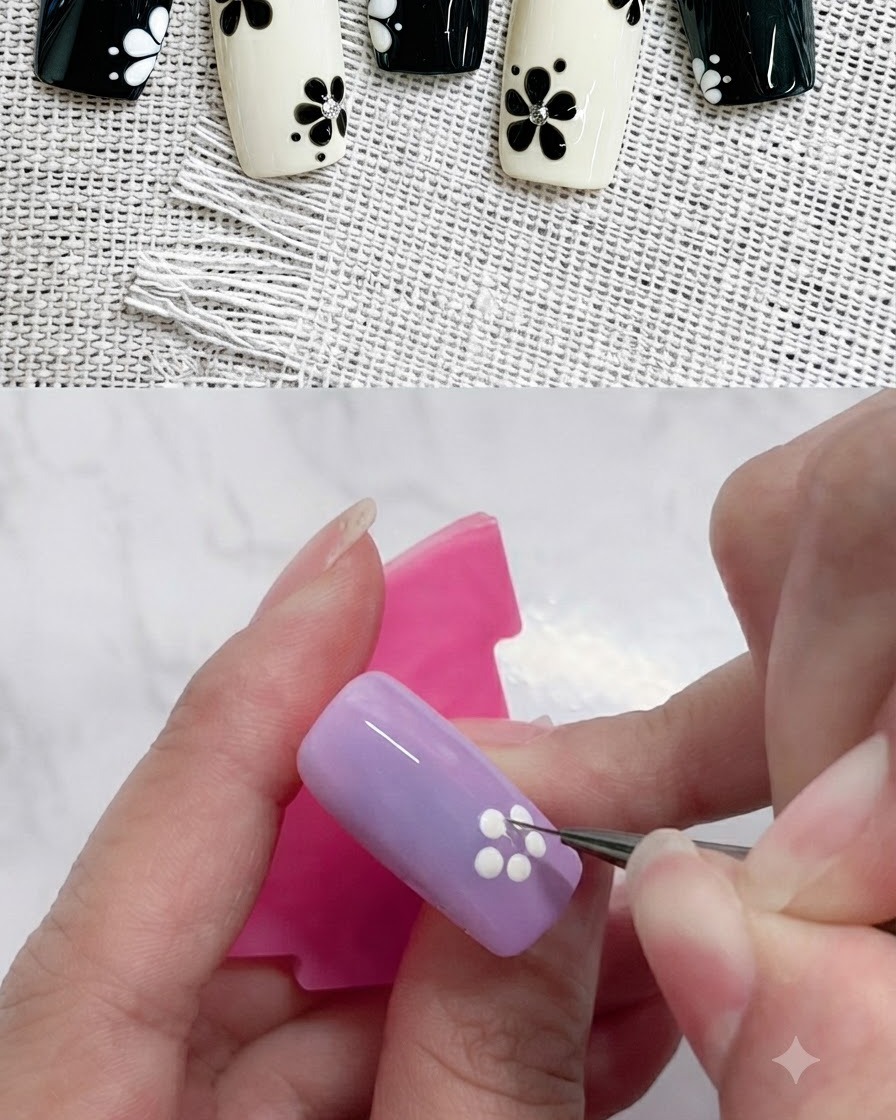 A fine liner brush refining the edges of the white petal shapes on a purple nail.