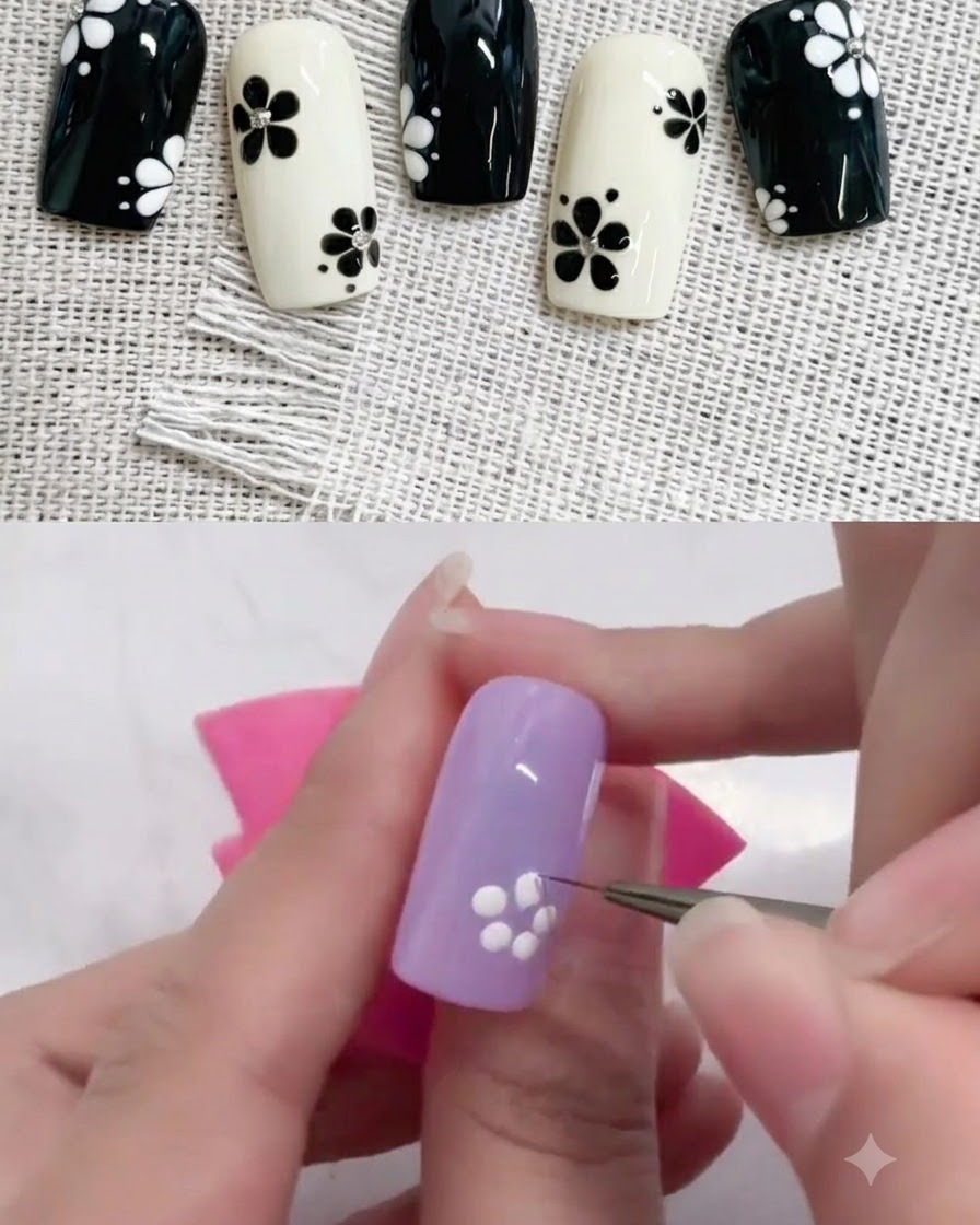 A close-up of hands adjusting a purple practice nail tip on a pink stand.