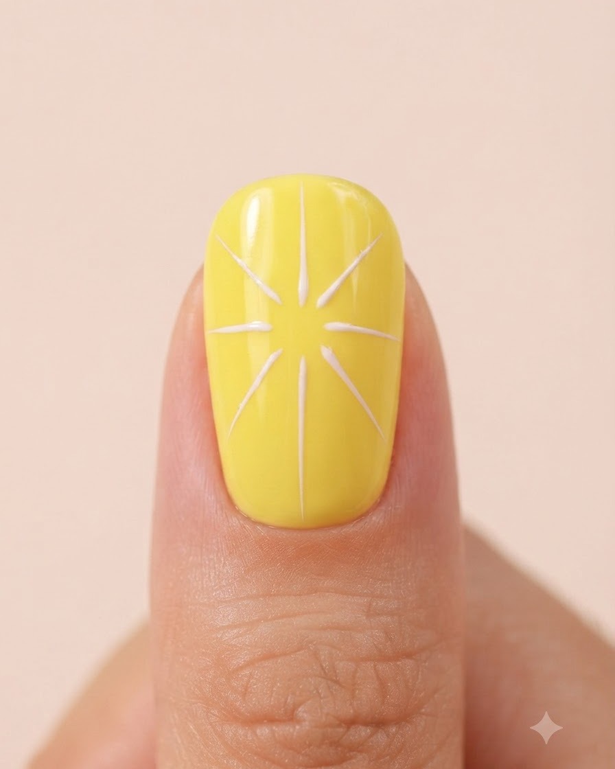 A close-up of white gel painted onto a yellow nail surface forming the first layer of daisy petals.
