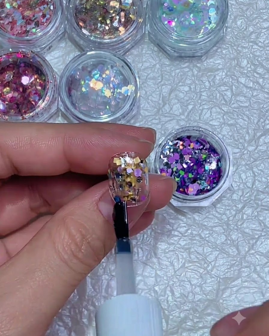 A brush applying a clear coat of gel over embedded glitter on a fingernail.