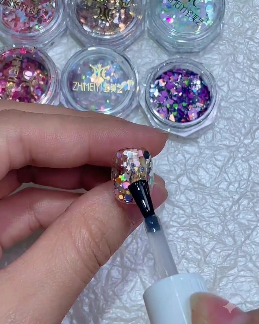 A nail brush applying a clear, glossy glass top coat over a nail embedded with glitter and a sticker.