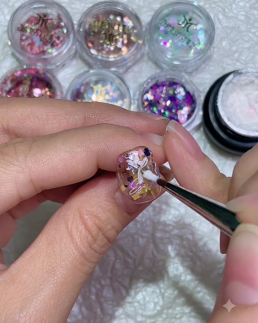 A fine liner brush continuing to paint white daisy petals on a nail surface using a pressing technique.