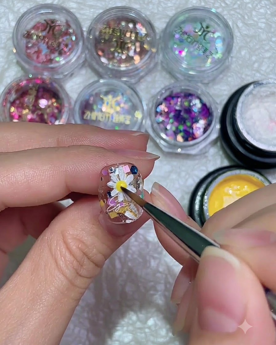 A fine brush applying a bright yellow gel dot to the exact center of a white 3D daisy nail art design.
