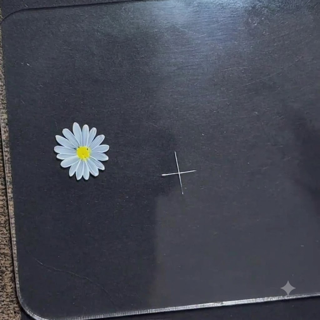 A completed white cross guide with extended lines mapped out on a dark surface.