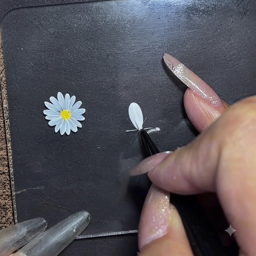 Two adjacent white petals aligned toward a central guide on a practice board.
