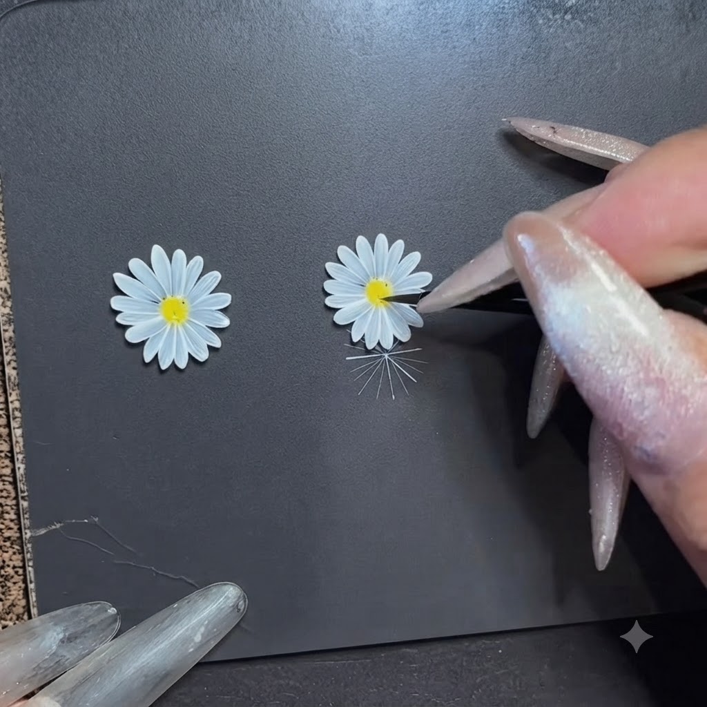 Multiple white petals being systematically painted in a circle around a central point.