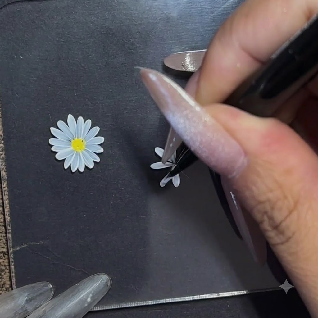 A hand rotating a practice board while painting detailed outer petals with a fine brush.