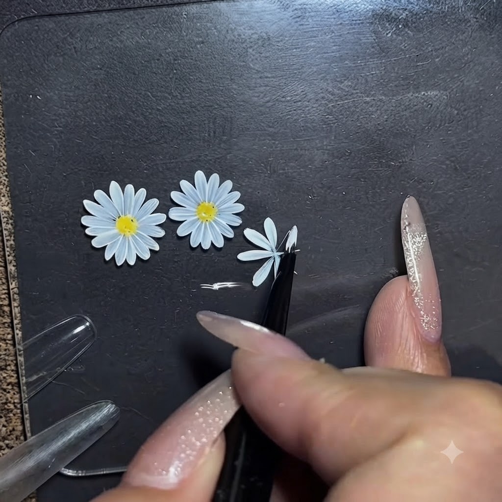 A close-up shot of a liner brush refining the edges of white daisy petals on a display mat.