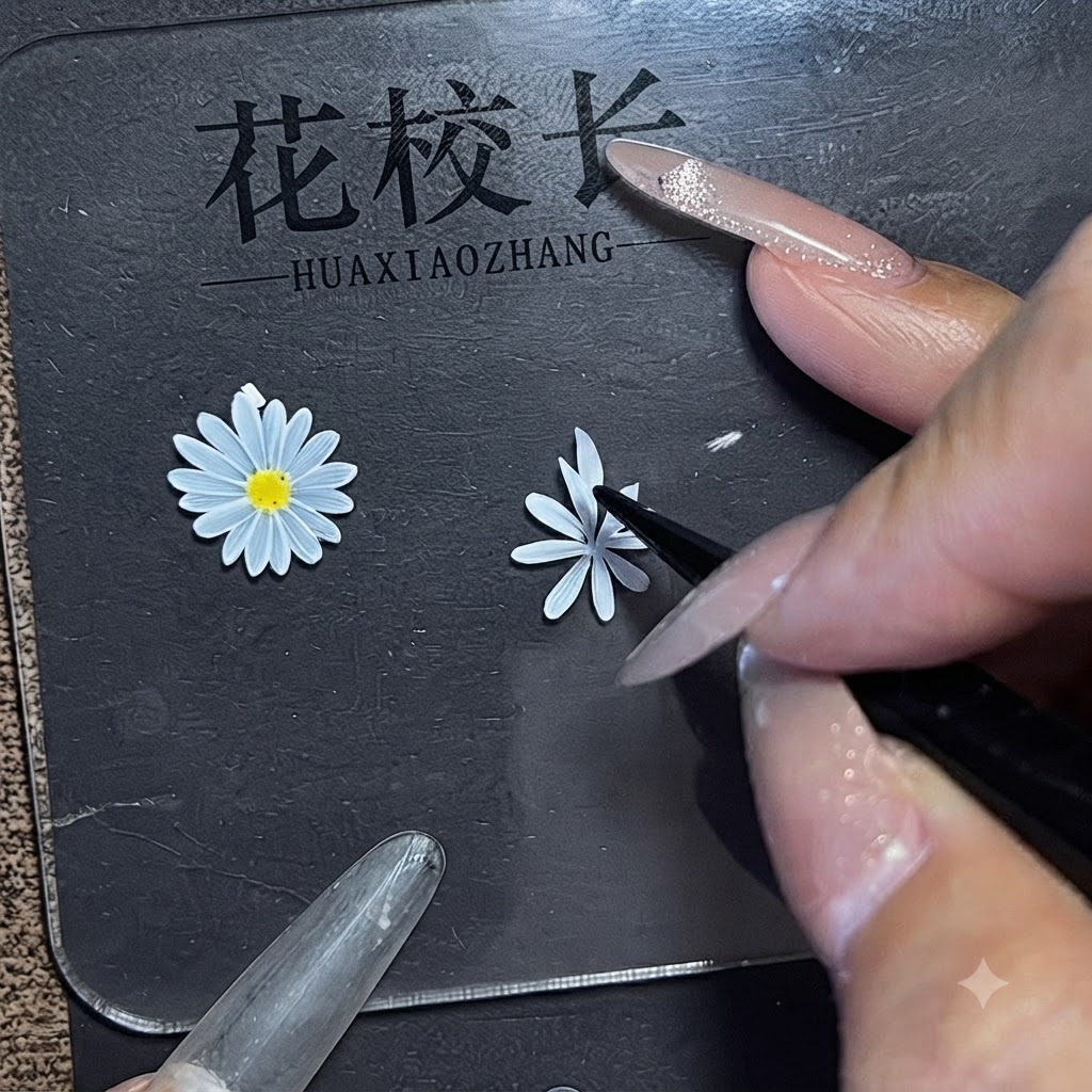 A detailed view of a nail brush adding second-layer petals between the initial petal gaps.