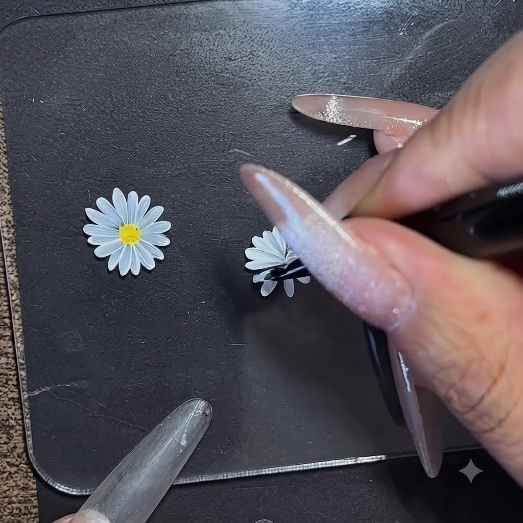 A close-up view of intricate inner petal strokes being added to the daisy center.