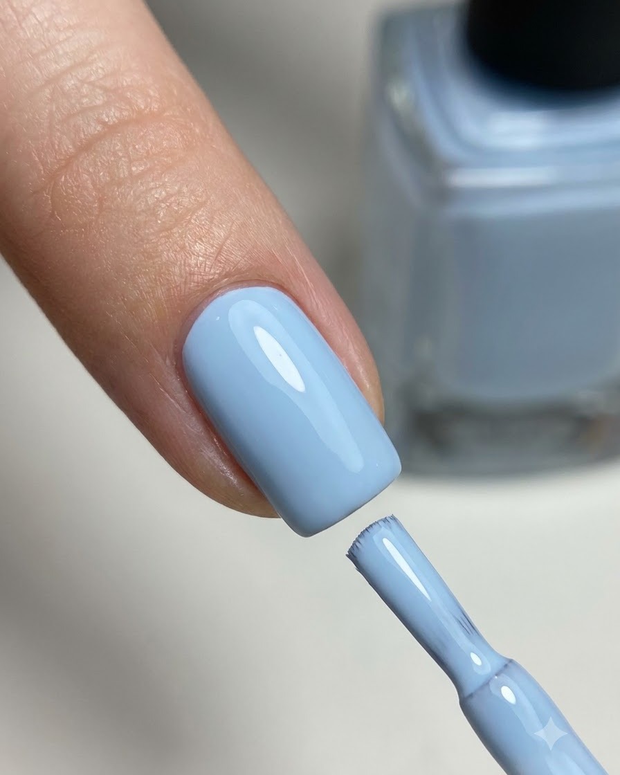 A finger with cured grayish-blue gel polish next to the matching gel polish bottle.