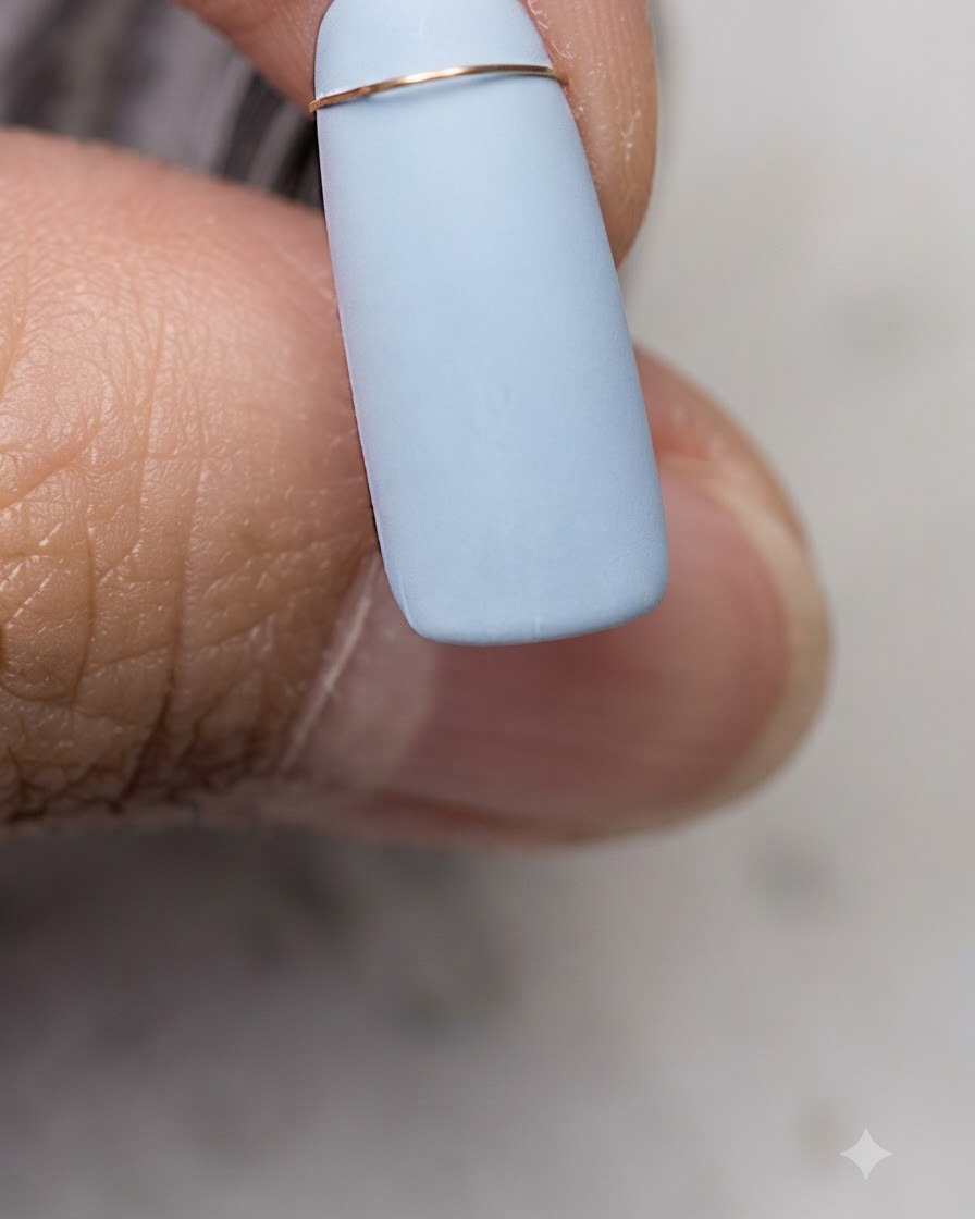 A fine liner brush drawing a thin golden horizontal line across the upper portion of a blue nail.