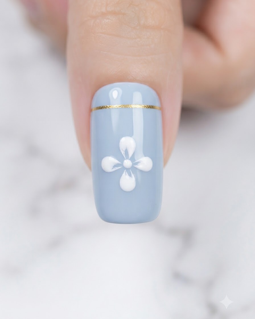 A fine liner brush pulling white gel inward from outer dots to form flower petals on a nail.