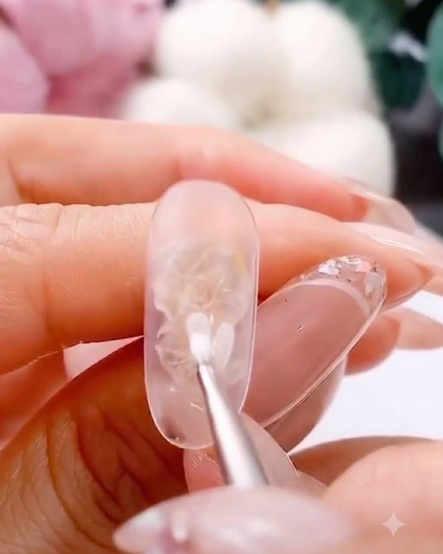 A fine brush applying a white gel petal onto a clear nail extension.