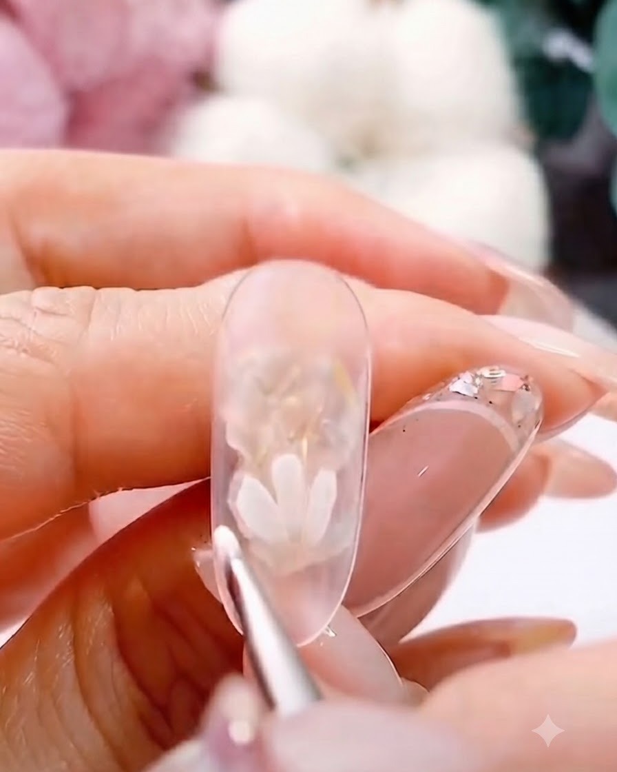 A fine liner brush adding more white petals to form a complete daisy blossom on a clear nail.
