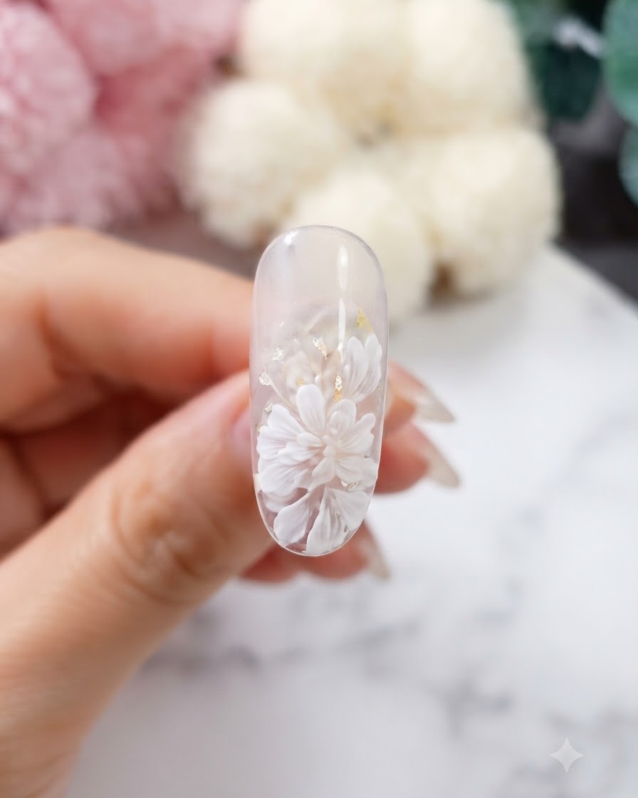 A close-up of a nail featuring multiple layered white daisy flowers and gold flake accents.