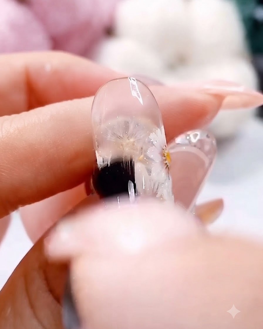 A clear gel brush applying a smooth coat of glossy no-wipe top coat over a hand-painted white daisy nail designcite: 1.