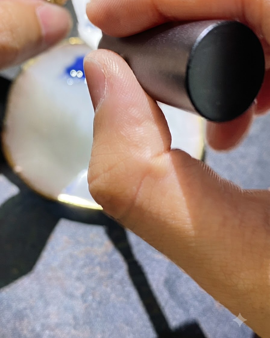 A close-up of a hand applying a white gel polish base coat onto a nail surface.