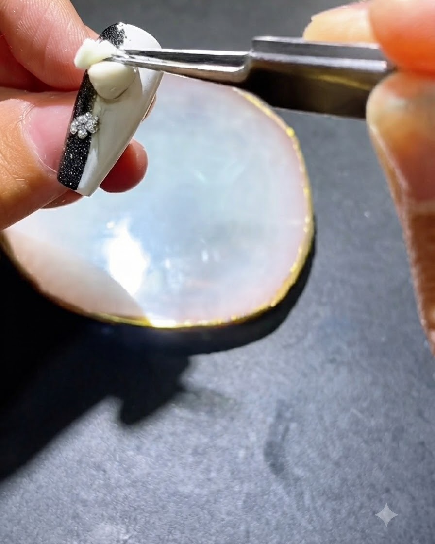 A tool or brush applying black gel polish to the sides of a decorated nail.