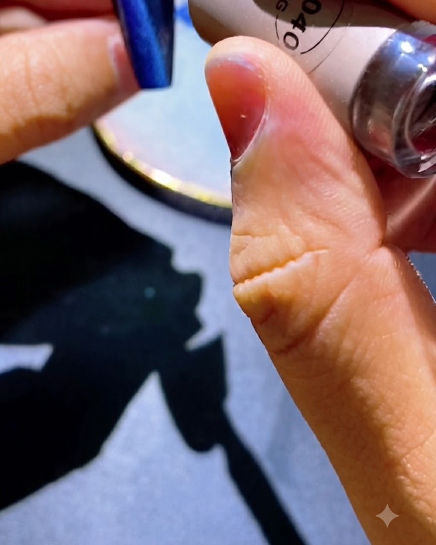 Applying blue cat-eye magnetic gel polish onto the nail surface.