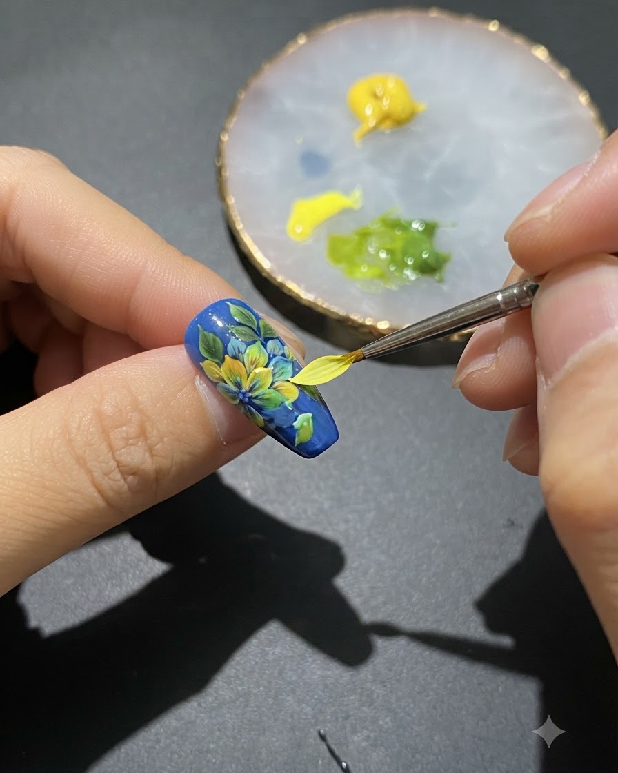 A liner brush drawing thin green stems on the painted nail surface.