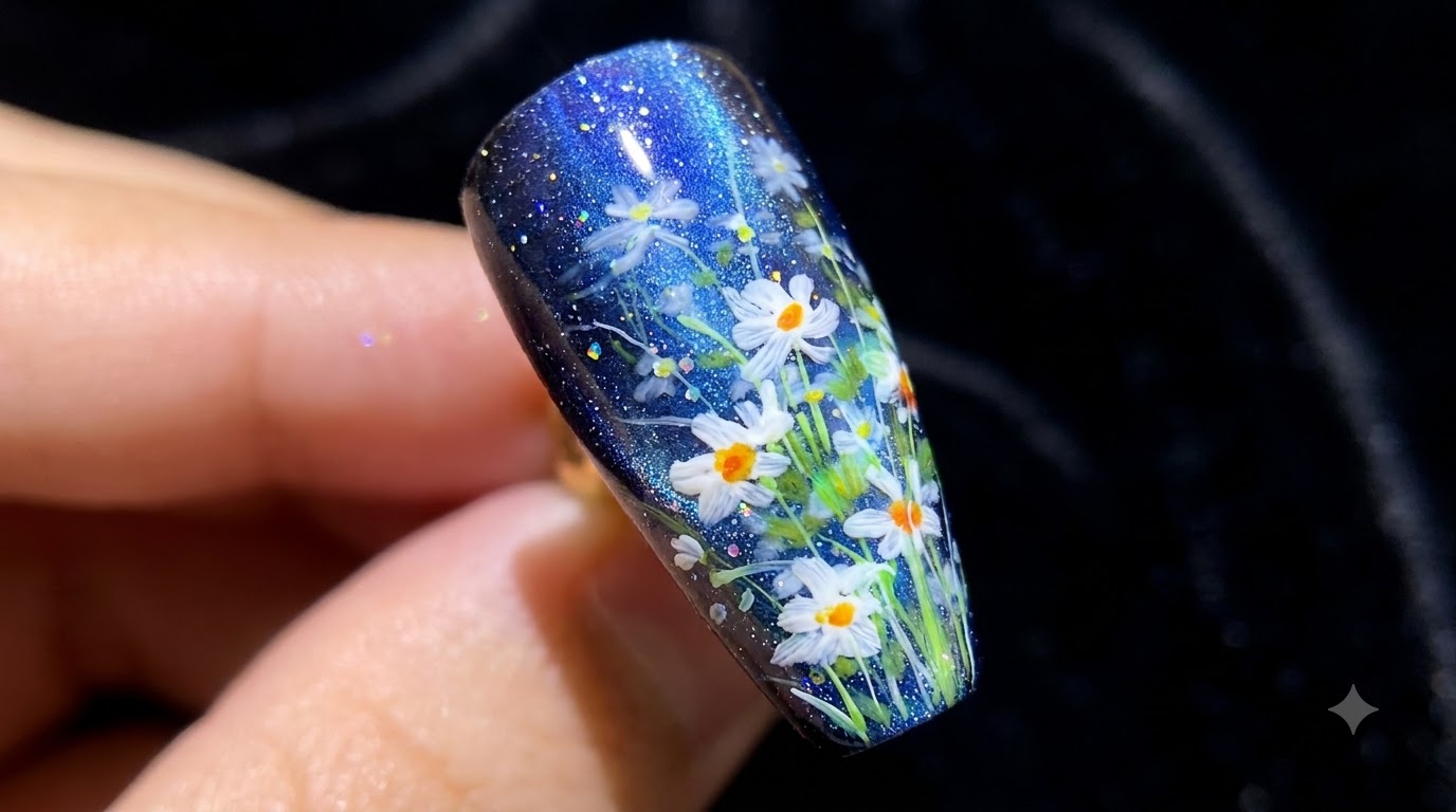 Starry Night Daisy Gel Nail Art — Step-by-Step Tutorial