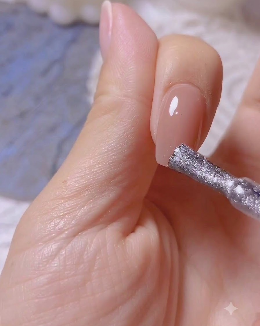 A nail polish brush applying a translucent nude magnetic gel onto a bare natural fingernail.
