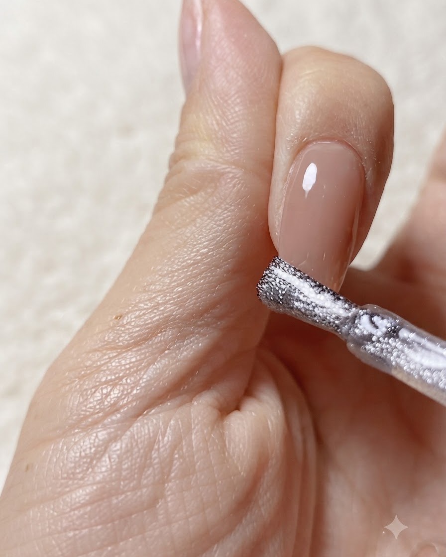 A strong neodymium magnet held near a nail tip to shift sparkling magnetic cat-eye particles.