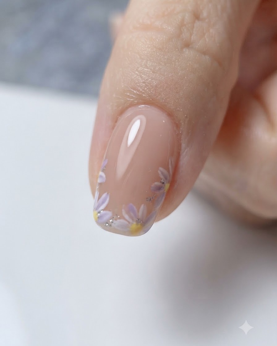 A finished nail with white daisies and a high-gloss top coat cured under a lamp.