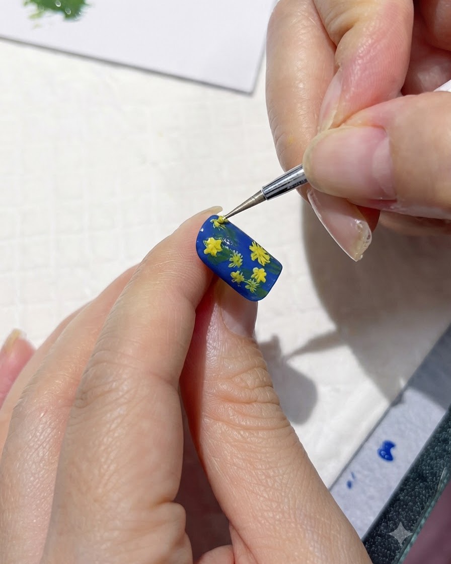 A nail art brush refining multiple small yellow daisies painted on a blue nail.