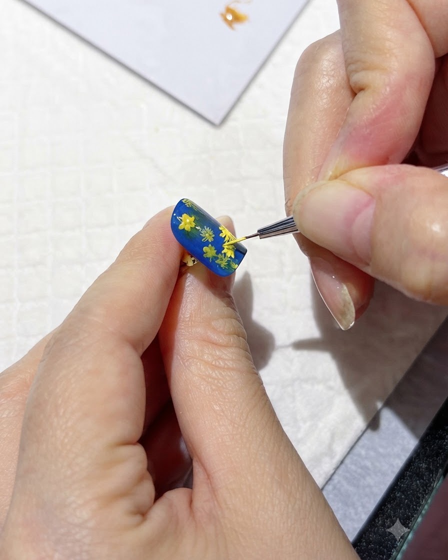 A fine brush applying yellow highlights to daisy petals on a blue nail.