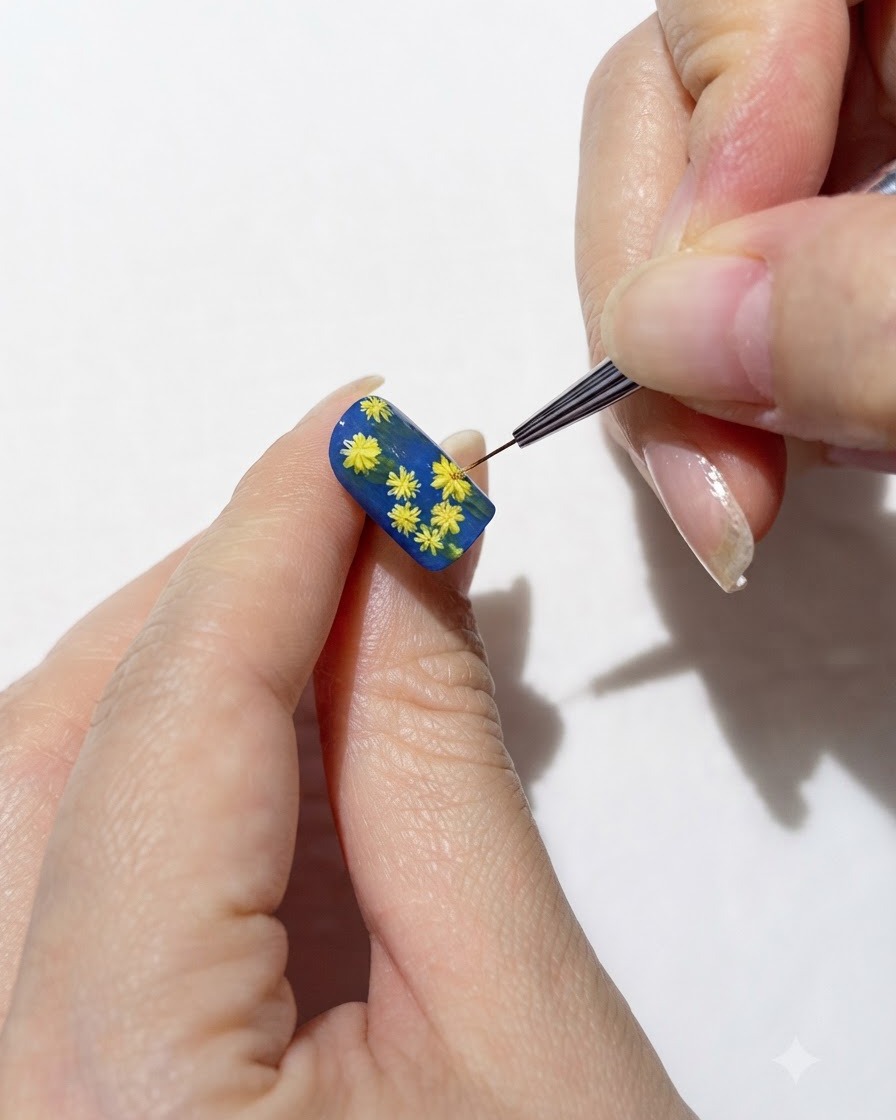 A fine brush dotting orange-yellow centers onto small daisies.