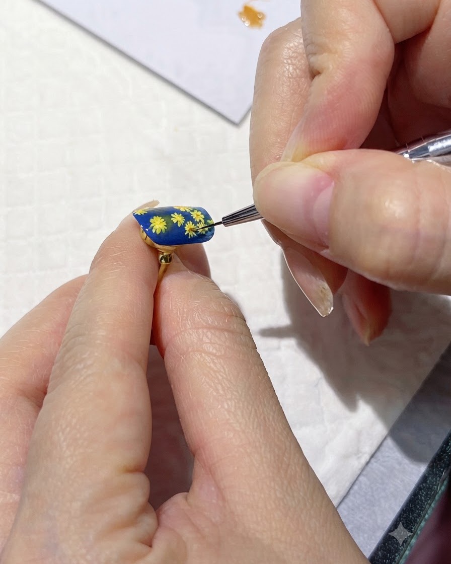 A nail positioned under a curing lamp to set flower centers.