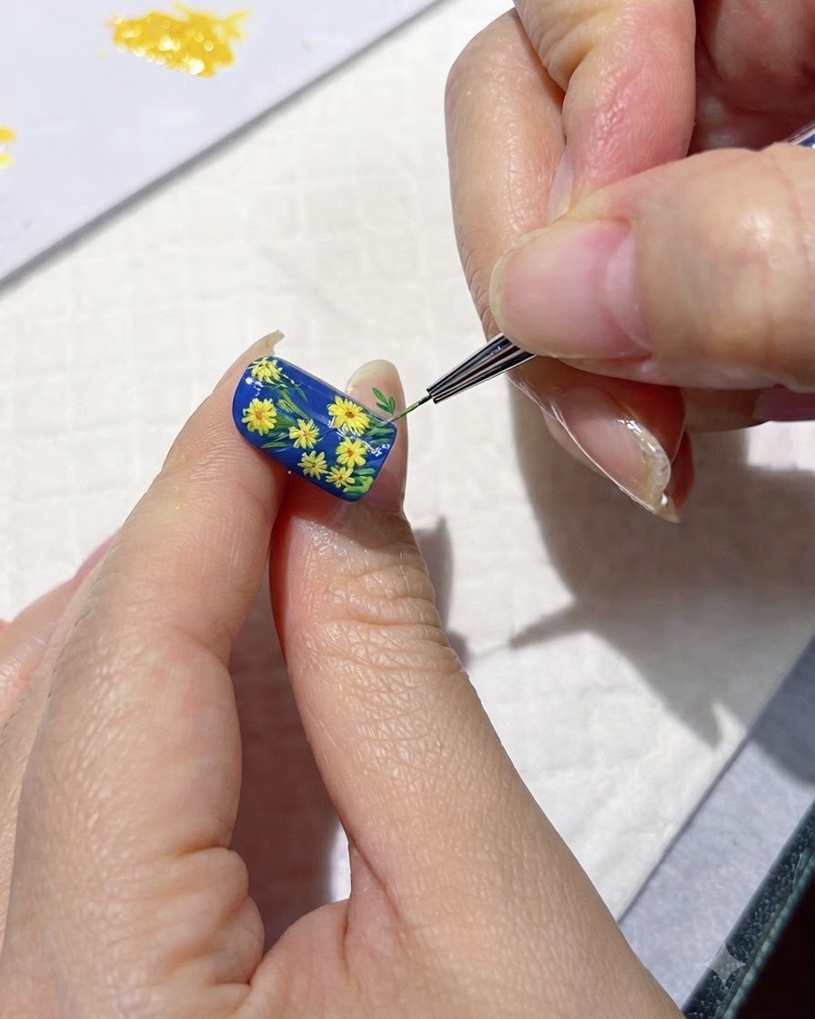 A finished nail design curing under a handheld UV lamp.